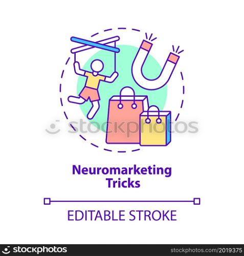 Neuromarketing tricks concept icon. Consumer attention appealing product. Customer behavior manipulation abstract idea thin line illustration. Vector isolated outline color drawing. Editable stroke. Neuromarketing tricks concept icon