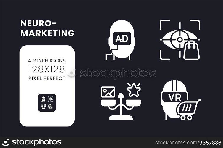 Neuromarketing white solid desktop icons set. Consumer neuroscience. Advertising message. Pixel perfect 128x128, outline 4px. Symbols for dark theme. Glyph pictograms. Vector isolated images. Neuromarketing white solid desktop icons set