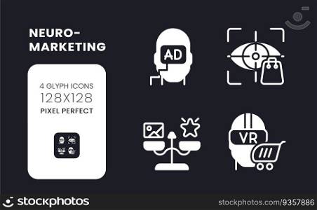 Neuromarketing white solid desktop icons set. Consumer neuroscience. Advertising message. Pixel perfect 128x128, outline 4px. Symbols for dark theme. Glyph pictograms. Vector isolated images. Neuromarketing white solid desktop icons set