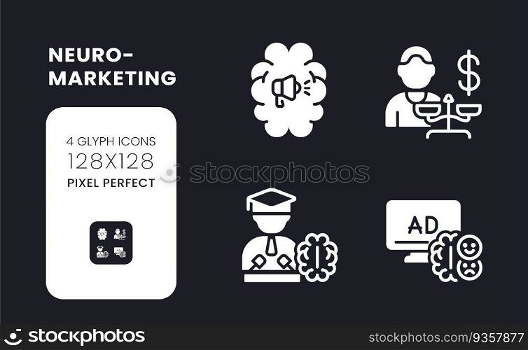 Neuromarketing white solid desktop icons set. Decision making. Digital marketing. Social media. Pixel perfect 128x128, outline 4px. Symbols for dark theme. Glyph pictograms. Vector isolated images. Neuromarketing white solid desktop icons set