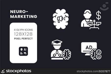 Neuromarketing white solid desktop icons set. Decision making. Digital marketing. Social media. Pixel perfect 128x128, outline 4px. Symbols for dark theme. Glyph pictograms. Vector isolated images. Neuromarketing white solid desktop icons set