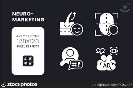 Neuromarketing white solid desktop icons set. Marketing research. Customers preferences. Pixel perfect 128x128, outline 4px. Symbols for dark theme. Glyph pictograms. Vector isolated images. Neuromarketing white solid desktop icons set