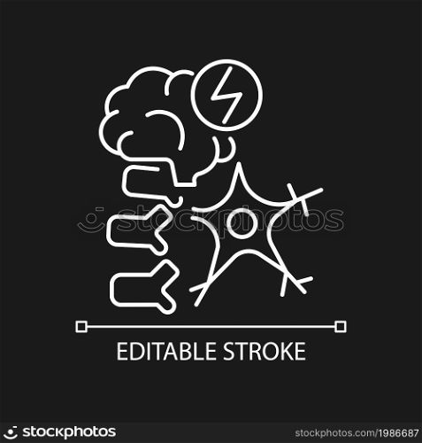 Neuromuscular white linear icon for dark theme. Brain and nerve damage. Neurological disease. Thin line customizable illustration. Isolated vector contour symbol for night mode. Editable stroke. Neuromuscular white linear icon for dark theme