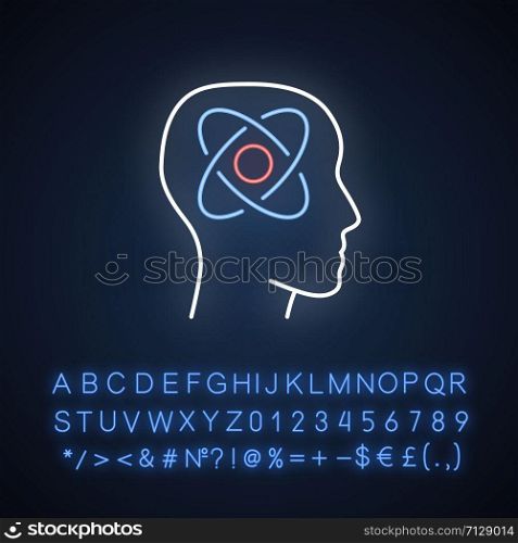 Neurophysics neon light icon. Nervous system, human brain studying. Neurobiophysics. Neuroscience. Cognitive neuroscience. Glowing sign with alphabet, numbers and symbols. Vector isolated illustration