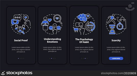 Neuroscience canons onboarding mobile app page screen. Habit psychology walkthrough 4 steps graphic instructions with concepts. UI, UX, GUI vector template with linear night mode illustrations. Neuroscience canons onboarding mobile app page screen