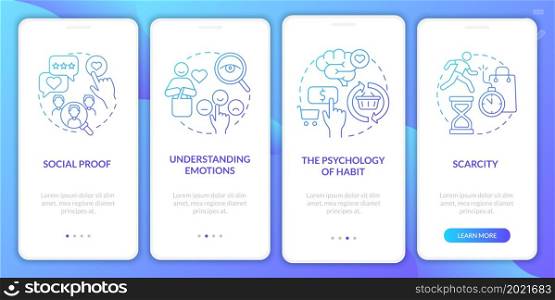 Neuroscience marketing canons onboarding mobile app page screen. Scarcity walkthrough 4 steps graphic instructions with concepts. UI, UX, GUI vector template with linear color illustrations. Neuroscience marketing canons onboarding mobile app page screen