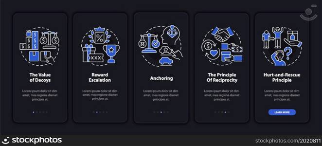 Neuroscience rules onboarding mobile app page screen. Reward and anchoring bias walkthrough 5 steps graphic instructions with concepts. UI, UX, GUI vector template with linear night mode illustrations. Neuroscience rules onboarding mobile app page screen