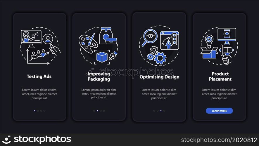 Neuroscience utilization onboarding mobile app page screen. Improving packaging walkthrough 4 steps graphic instructions with concepts. UI, UX, GUI vector template with linear night mode illustrations. Neuroscience utilization onboarding mobile app page screen