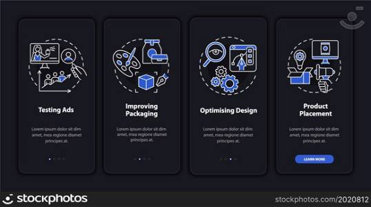 Neuroscience utilization onboarding mobile app page screen. Improving packaging walkthrough 4 steps graphic instructions with concepts. UI, UX, GUI vector template with linear night mode illustrations. Neuroscience utilization onboarding mobile app page screen