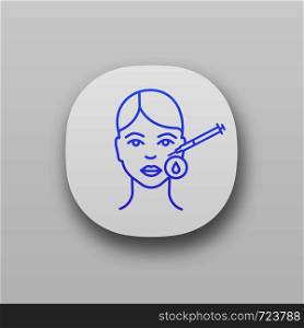 Neurotoxin injection area disinfection app icon. Hyaluronic acid injection. Injectable filler. Cosmetic procedure. Facial rejuvenation. Wrinkles reducing. UI/UX interface. Vector isolated illustration. Neurotoxin injection area disinfection app icon