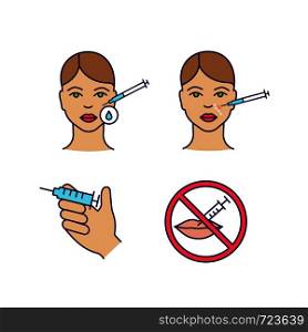 Neurotoxin injection color icons set. Makeup removal, syringe, cosmetologic procedure prohibition, nasolabial folds injection. Isolated vector illustrations. Neurotoxin injection color icons set