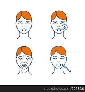 Neurotoxin injection color icons set. Woman face, makeup removal, mimic wrinkles, lips injection. Isolated vector illustrations. Neurotoxin injection color icons set