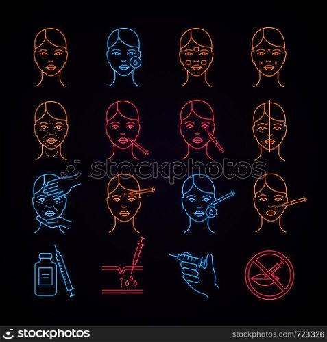 Neurotoxin injection neon light icon. Anti wrinkle procedures. Neuro toxin injection. Facial rejuvenation. Cosmetic procedures. Cosmetology. Glowing sign. Vector isolated illustration. Neurotoxin injection neon light icon