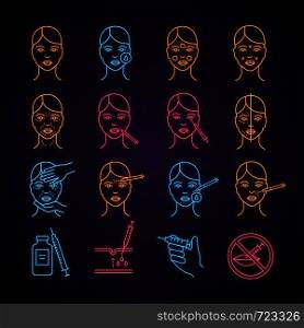 Neurotoxin injection neon light icon. Anti wrinkle procedures. Neuro toxin injection. Facial rejuvenation. Cosmetic procedures. Cosmetology. Glowing sign. Vector isolated illustration. Neurotoxin injection neon light icon