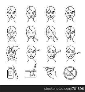 Neurotoxin injection procedure linear icons set. Facial rejuvenation. Anti wrinkle procedures. Cosmetology. Thin line contour symbols. Isolated vector outline illustrations. Editable stroke. Neurotoxin injection procedure linear icons set