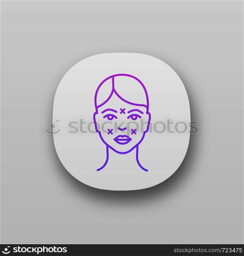 Neurotoxin injection sites app icon. Facial markup for cosmetic procedure. Neuro toxin injection preparation. Facial rejuvenation. UI/UX interface. Mobile application. Vector isolated illustration. Neurotoxin injection sites app icon