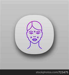 Neurotoxin injection sites app icon. Facial markup for cosmetic procedure. Neuro toxin injection preparation. Facial rejuvenation. UI/UX interface. Mobile application. Vector isolated illustration. Neurotoxin injection sites app icon