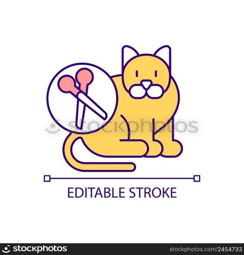 Neutering RGB color icon. Cat castration. Spayed pet. Surgical procedure. Reducing health problems risk. Isolated vector illustration. Simple filled line drawing. Editable stroke. Arial font used. Neutering RGB color icon