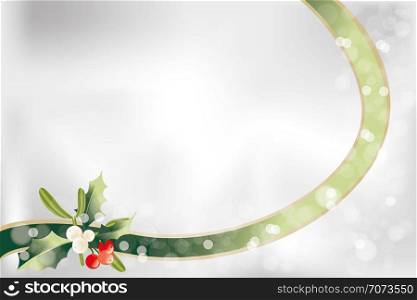 Neutral Christmas background with ribbon, holly, mistletoe and place for text