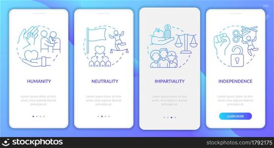 Neutrality onboarding mobile app page screen. Humanitarian aid independence walkthrough 4 steps graphic instructions with concepts. UI, UX, GUI vector template with linear color illustrations. Neutrality onboarding mobile app page screen.
