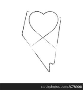 Nevada US state hand drawn pencil sketch outline map with heart shape. Continuous line drawing of patriotic home sign. A love for a small homeland. T-shirt print idea. Vector illustration.. Nevada US state hand drawn pencil sketch outline map with the handwritten heart shape. Vector illustration