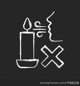 Never blow out candle flame chalk white manual label icon on dark background. Smoke, soot appearance risk. Avoid splashes. Isolated vector chalkboard illustration for product use instructions on black. Never blow out candle flame chalk white manual label icon on dark background