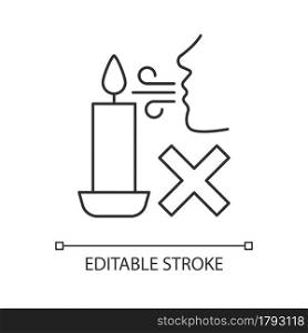 Never blow out candle flame linear manual label icon. Avoid splashes. Thin line customizable illustration. Contour symbol. Vector isolated outline drawing for product use instructions. Editable stroke. Never blow out candle flame linear manual label icon