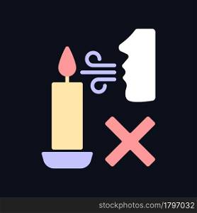 Never blow out candle flame RGB color manual label icon for dark theme. Isolated vector illustration on night mode background. Simple filled line drawing on black for product use instructions. Never blow out candle flame RGB color manual label icon for dark theme