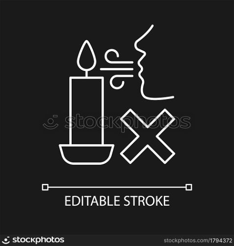 Never blow out candle white linear manual label icon for dark theme. Thin line customizable illustration for product use instructions. Isolated vector contour symbol for night mode. Editable stroke. Never blow out candle white linear manual label icon for dark theme