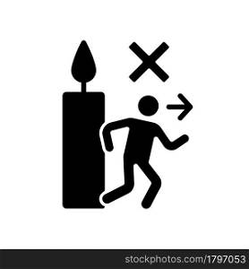Never leave burning candle black glyph manual label icon. Large flame danger. Unattended candles. Silhouette symbol on white space. Vector isolated illustration for product use instructions. Never leave burning candle black glyph manual label icon