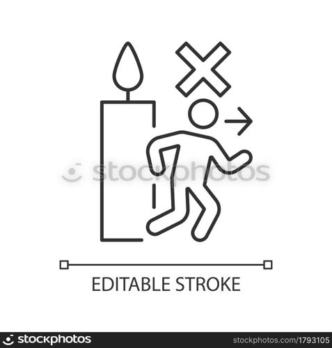 Never leave burning candle linear manual label icon. Dont walk away. Thin line customizable illustration. Contour symbol. Vector isolated outline drawing for product use instructions. Editable stroke. Never leave burning candle linear manual label icon