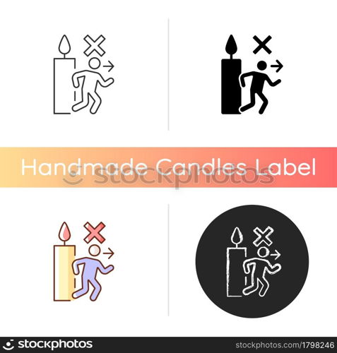 Never leave burning candle manual label icon. Unstable, large flame danger. Unattended candles. Linear black and RGB color styles. Isolated vector illustrations for product use instructions. Never leave burning candle manual label icon