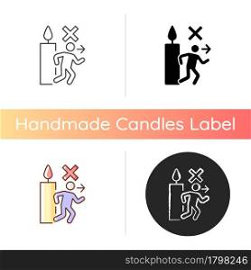 Never leave burning candle manual label icon. Unstable, large flame danger. Unattended candles. Linear black and RGB color styles. Isolated vector illustrations for product use instructions. Never leave burning candle manual label icon