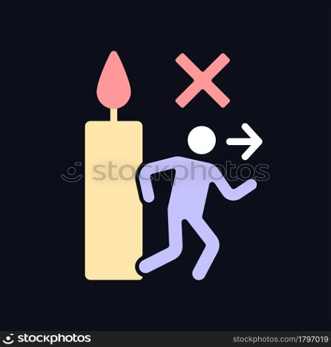 Never leave burning candle RGB color manual label icon for dark theme. Isolated vector illustration on night mode background. Simple filled line drawing on black for product use instructions. Never leave burning candle RGB color manual label icon for dark theme