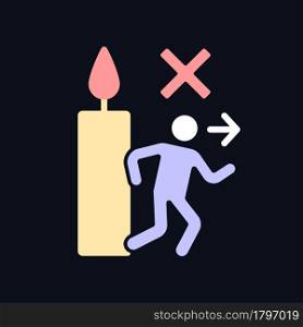 Never leave burning candle RGB color manual label icon for dark theme. Isolated vector illustration on night mode background. Simple filled line drawing on black for product use instructions. Never leave burning candle RGB color manual label icon for dark theme
