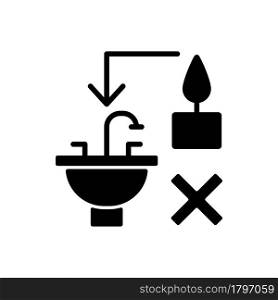 Never throw hot wax down sink black glyph manual label icon. Clogging sink risk. Leftover wax disposal. Silhouette symbol on white space. Vector isolated illustration for product use instructions. Never throw hot wax down sink black glyph manual label icon