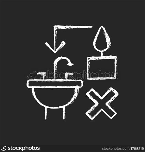 Never throw hot wax down sink chalk white manual label icon on dark background. Clogging sink risk. Leftover wax disposal. Isolated vector chalkboard illustration for product use instructions on black. Never throw hot wax down sink chalk white manual label icon on dark background