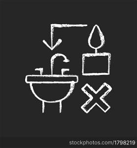 Never throw hot wax down sink chalk white manual label icon on dark background. Clogging sink risk. Leftover wax disposal. Isolated vector chalkboard illustration for product use instructions on black. Never throw hot wax down sink chalk white manual label icon on dark background