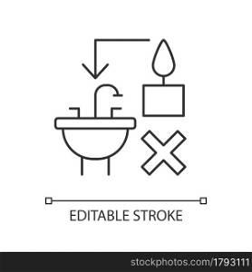 Never throw hot wax down sink linear manual label icon. Thin line customizable illustration. Contour symbol. Vector isolated outline drawing for product use instructions. Editable stroke. Never throw hot wax down sink linear manual label icon