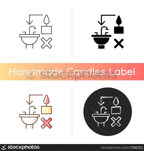 Never throw hot wax down sink manual label icon. Clogging sink risk. Leftover wax disposal correctly. Linear black and RGB color styles. Isolated vector illustrations for product use instructions. Never throw hot wax down sink manual label icon