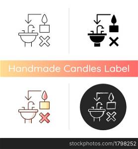 Never throw hot wax down sink manual label icon. Clogging sink risk. Leftover wax disposal correctly. Linear black and RGB color styles. Isolated vector illustrations for product use instructions. Never throw hot wax down sink manual label icon