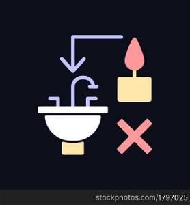 Never throw hot wax down sink RGB color manual label icon for dark theme. Isolated vector illustration on night mode background. Simple filled line drawing on black for product use instructions. Never throw hot wax down sink RGB color manual label icon for dark theme