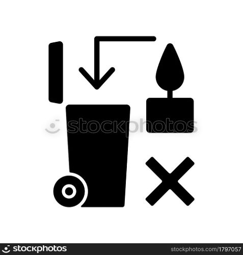 Never throw hot wax in trash bin black glyph manual label icon. Heated wax danger. Flammable liquid waste. Silhouette symbol on white space. Vector isolated illustration for product use instructions. Never throw hot wax in trash bin black glyph manual label icon