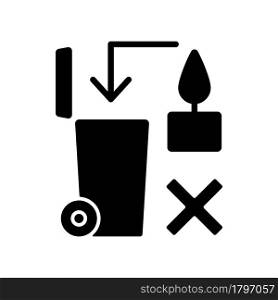 Never throw hot wax in trash bin black glyph manual label icon. Heated wax danger. Flammable liquid waste. Silhouette symbol on white space. Vector isolated illustration for product use instructions. Never throw hot wax in trash bin black glyph manual label icon