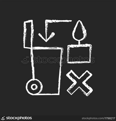 Never throw hot wax in trash bin chalk white manual label icon on dark background. Danger from heated melted wax. Isolated vector chalkboard illustration for product use instructions on black. Never throw hot wax in trash bin chalk white manual label icon on dark background