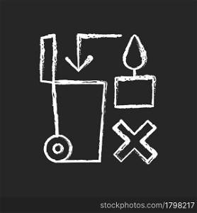 Never throw hot wax in trash bin chalk white manual label icon on dark background. Danger from heated melted wax. Isolated vector chalkboard illustration for product use instructions on black. Never throw hot wax in trash bin chalk white manual label icon on dark background