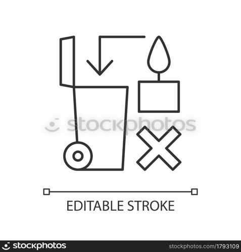 Never throw hot wax in trash bin linear manual label icon. Thin line customizable illustration. Contour symbol. Vector isolated outline drawing for product use instructions. Editable stroke. Never throw hot wax in trash bin linear manual label icon