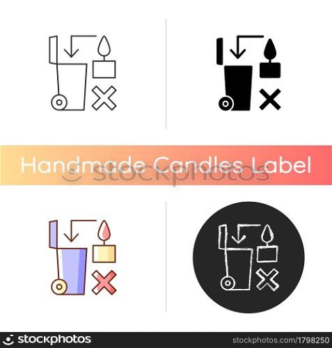 Never throw hot wax in trash bin manual label icon. Danger from heated melted wax. Flammable liquid waste. Linear black and RGB color styles. Isolated vector illustrations for product use instructions. Never throw hot wax in trash bin manual label icon