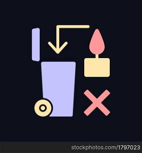 Never throw hot wax in trash bin RGB color manual label icon for dark theme. Isolated vector illustration on night mode background. Simple filled line drawing on black for product use instructions. Never throw hot wax in trash bin RGB color manual label icon for dark theme