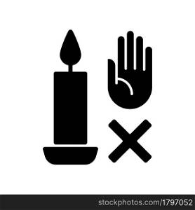 Never touch burning candle black glyph manual label icon. Placing container on stable surface. Silhouette symbol on white space. Vector isolated illustration for product use instructions. Never touch burning candle black glyph manual label icon
